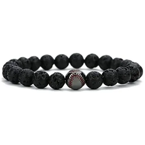 Linsoir Beads Trendy Baseball Bracelet Lava Stone/White Howlite/Matte Black Stone Beaded Bracelet Sports Jewelry for Boy Gift Jewelry 1 pc