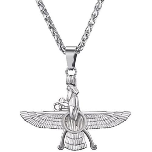 U7 Farvahar Pendant Chain Stainless/Black Gun/18K Gold Plated Symbol Iran Persian Gift Necklace, Customizable