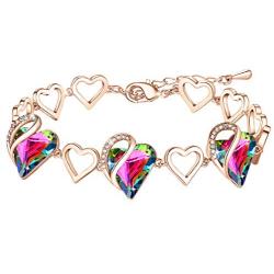 Leafael 18K Rose Gold Plated Love Heart Link Bracelet with Healing Stone Crystal Jewelry Gifts for Women, 7'' Chain + 2'' Extender