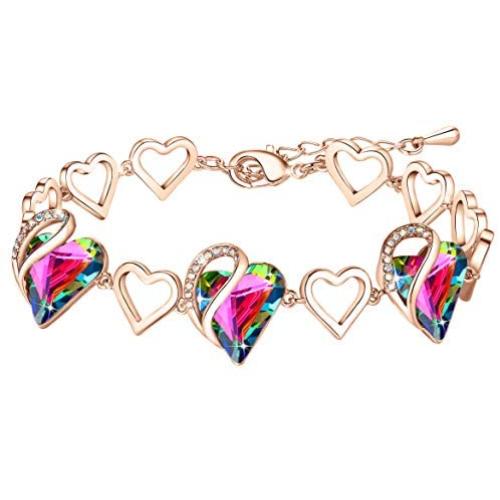 Leafael 18K Rose Gold Plated Love Heart Link Bracelet with Healing Stone Crystal Jewelry Gifts for Women, 7'' Chain + 2'' Extender