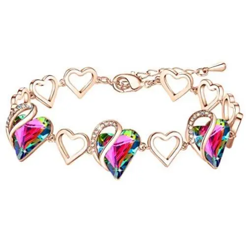 Leafael 18K Rose Gold Plated Love Heart Link Bracelet with Healing Stone Crystal Jewelry Gifts for Women, 7'' Chain + 2'' Extender