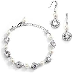 Mariell Ivory Pearl & Round CZ Bridal Bracelet & Earrings Set - Wedding Jewelry Sets for Bridesmaids