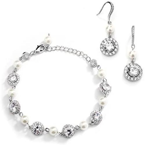 Mariell Ivory Pearl & Round CZ Bridal Bracelet & Earrings Set - Wedding Jewelry Sets for Bridesmaids