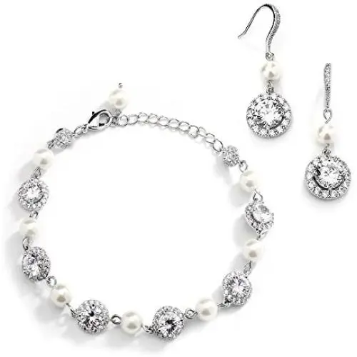 Mariell Ivory Pearl & Round CZ Bridal Bracelet & Earrings Set - Wedding Jewelry Sets for Bridesmaids