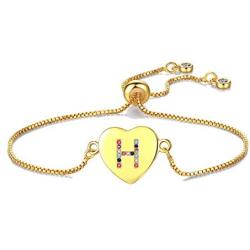 Gold CZ Heart Initial Bracelet A-Z Adjustable Colorful Crystals Stone Jewelry for Women