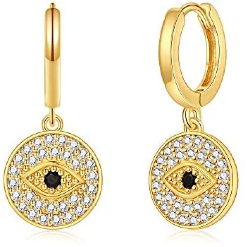 Evil Eye Coin Dangle Hoop Earrings 14K Gold Plated Cubic Zirconia Medallion Pendant Earrings Jewelry Gift for Women