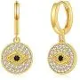 Evil Eye Coin Dangle Hoop Earrings 14K Gold Plated Cubic Zirconia Medallion Pendant Earrings Jewelry Gift for Women