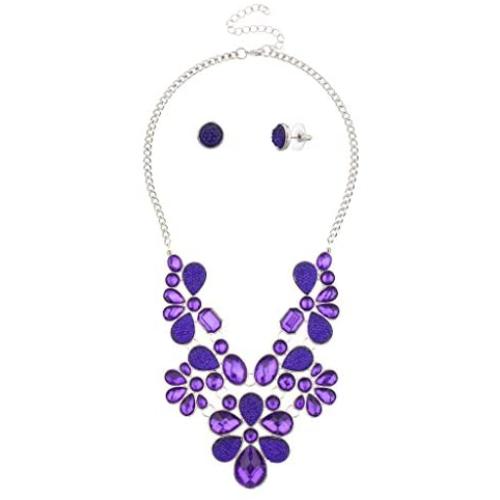 Lux Accessories Floral Flower Clear Stone Statement Necklace Matching Earrings