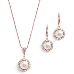 Mariell Freshwater Pearl Wedding Necklace & Earrings Rose Gold Halo Jewelry Set for Bridesmaids & Brides