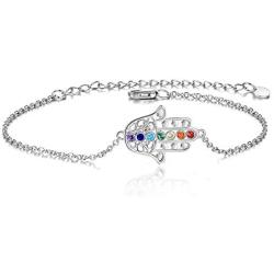 Chakra Hamsa Bracelet 925 Sterling Silver Chakra Hamsa Jewelry for Women