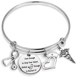 Nurse Bracelet Nursing Stethoscope Jewelry Nurse Gifts for Nurse RN Cute Enough to Stop Your Heart Skilled Enough to Restart It(Cute Enough BR)