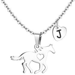 Jewenova Horse Necklace for Girls Initial Heart Charm Necklace Stainless Steel Dainty Horse Pendant Letter Necklace Jewelry Gifts for Women Girls Horse Lovers