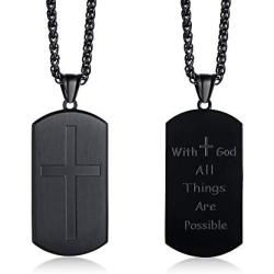 With God All Things Are Possible Necklace, Stainless Steel Cross Bible Verse Dogtag Necklace, Matthew 19:26 Scripture Engraved Religious Jewelry Baptism, Confirmation,Easter Gift for Boy Teens