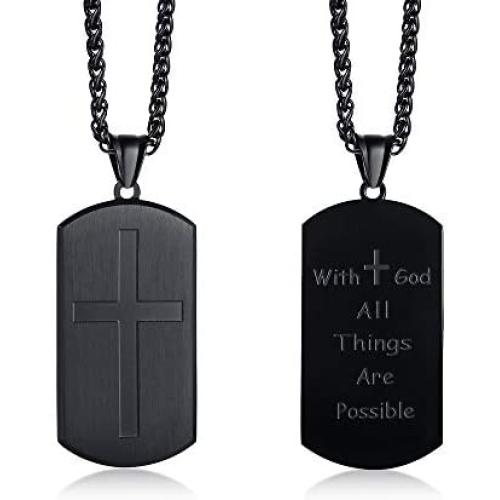 With God All Things Are Possible Necklace, Stainless Steel Cross Bible Verse Dogtag Necklace, Matthew 19:26 Scripture Engraved Religious Jewelry Baptism, Confirmation,Easter Gift for Boy Teens