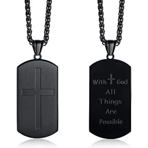 With God All Things Are Possible Necklace, Stainless Steel Cross Bible Verse Dogtag Necklace, Matthew 19:26 Scripture Engraved Religious Jewelry Baptism, Confirmation,Easter Gift for Boy Teens