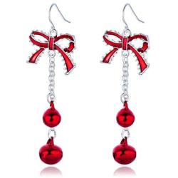 Lightweight Christmas Red Bow Knot Piercing Dangle Earrings Jingle Tassels Silver Plated Women Girls Holiday Gift