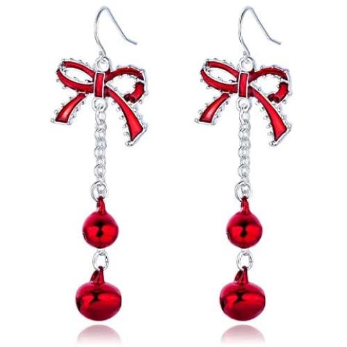Lightweight Christmas Red Bow Knot Piercing Dangle Earrings Jingle Tassels Silver Plated Women Girls Holiday Gift