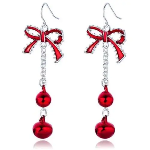 Lightweight Christmas Red Bow Knot Piercing Dangle Earrings Jingle Tassels Silver Plated Women Girls Holiday Gift