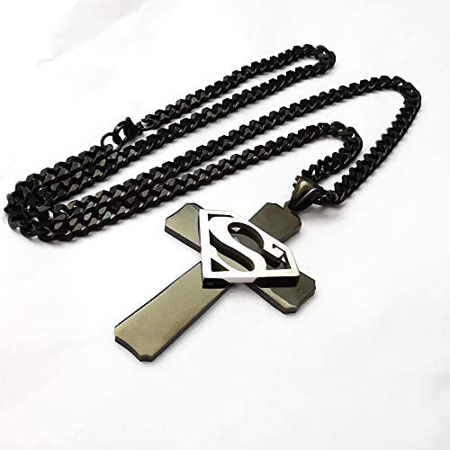 NC GNAYY99 Mens Boys Jewelry Birthday Gifts Large 2.5 INCH Tall Black Cross with Silver Stainless Steel Superhero Superman Pendant Necklace/Curb Chain 5mm 24 inch