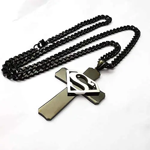 NC GNAYY99 Mens Boys Jewelry Birthday Gifts Large 2.5 INCH Tall Black Cross with Silver Stainless Steel Superhero Superman Pendant Necklace/Curb Chain 5mm 24 inch NC GNAYY99 Mens Boys Jewelry Birthday Gifts Large 2.5 INCH Tall Black Cross with Silver Stainless Steel Superhero Superman Pendant Necklace/Curb Chain 5mm 24 inch