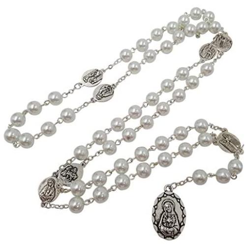 TALISMAN4U Seven Sorrows of Mary Rosary Chaplet White Glass Beads Catholic Jewelry Necklace for Women with Rosary Box