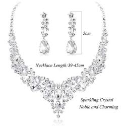 YADOCA Womens Wedding Bridal Necklace Earrings Jewelry Set Sparkling Crystal Teardrop Cluster Statement Necklace Earrings for Bridesmaid