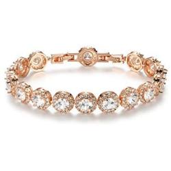 SWEETV Round Cubic Zirconia Wedding Bracelets for Brides, Crystal Elegant Tennis Bracelet for Women Bridal Jewelry