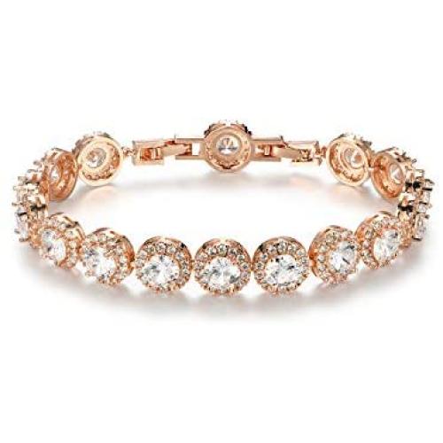 SWEETV Round Cubic Zirconia Wedding Bracelets for Brides, Crystal Elegant Tennis Bracelet for Women Bridal Jewelry