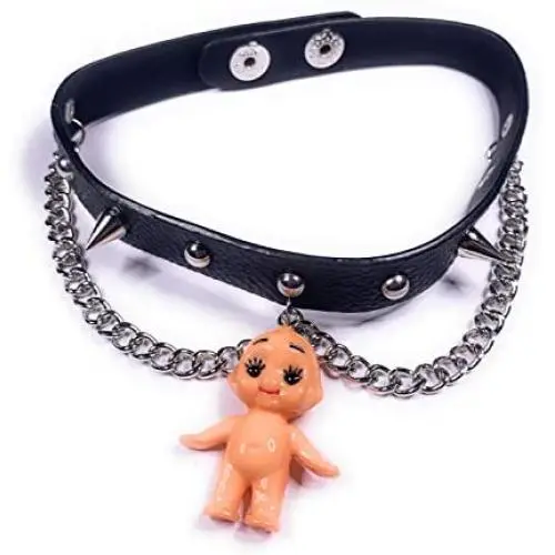 Skye Jewelry Black Leather Choker Necklace w/Spike Studs/Chains & Hanging Baby Doll Pendant Skye Jewelry Black Leather Choker Necklace w/Spike Studs/Chains & Hanging Baby Doll Pendant