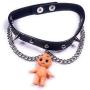 Skye Jewelry Black Leather Choker Necklace w/Spike Studs/Chains & Hanging Baby Doll Pendant