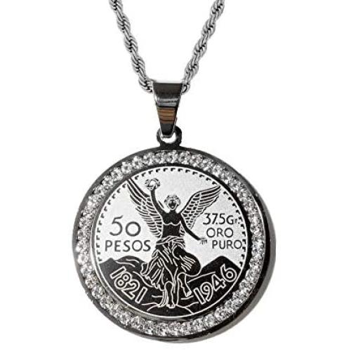 Men Women 925 Italy 14k White Gold Finish Iced Round Mexican Coin Centenario Mexicano Moneda 50 Pesos Ice Out Pendant Stainless Steel Real 2.5 mm Rope Chain Necklace, Mens Jewelry, Iced Pesos Coin Pendant, Chain Pendant Rope Necklace