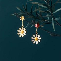 SLUYNZ 925 Sterling Silver Daisy Dangle Earrings for Women Teen Girls Cute Ladybird Flowers Drop Earrings