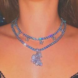 Cagora Butterfly Layered Choker Crystal Rhinestones Choker Necklace 2 Pcs Boho Pendent Chain Silver Club Necklace Jewelry for Women and Girls