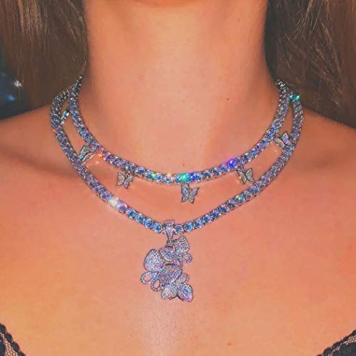 Cagora Butterfly Layered Choker Crystal Rhinestones Choker Necklace 2 Pcs Boho Pendent Chain Silver Club Necklace Jewelry for Women and Girls