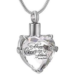 Crystal Inlay Cremation Jewelry for Ashes Stainless Steel Keepsake Memorial Pendant Engraved Always Mind Forever in My Heart Urn Necklace