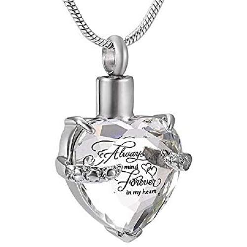 Crystal Inlay Cremation Jewelry for Ashes Stainless Steel Keepsake Memorial Pendant Engraved Always Mind Forever in My Heart Urn Necklace