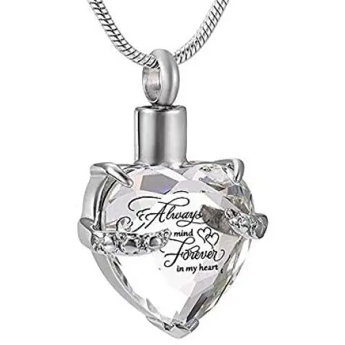 Crystal Inlay Cremation Jewelry for Ashes Stainless Steel Keepsake Memorial Pendant Engraved Always Mind Forever in My Heart Urn Necklace