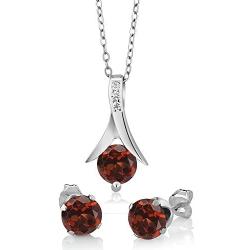 Gem Stone King 925 Sterling Silver Red Garnet Earring and Pendant Set For Women (2.25 Cttw, 6MM Each Garnet, With 18inches Silver Chain)