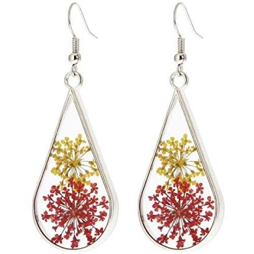 BaubleStar Pressed Flower Teardrop Earrings Dry Flowers Drop Dangle Fashion Jewelry