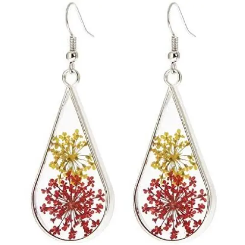 BaubleStar Pressed Flower Teardrop Earrings Dry Flowers Drop Dangle Fashion Jewelry
