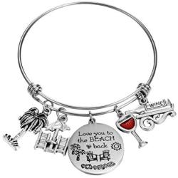 FCHEN Beach Themed Lover Gifts Charm Bangle Bracelets for Women, Love You to The Beach and Back Adjustable Wire Charm Bracelet