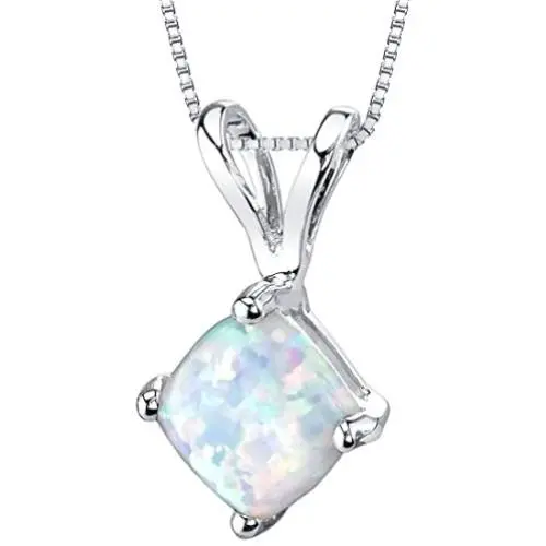14 Karat White Gold Cushion Cut Created Opal Pendant 14 Karat White Gold Cushion Cut Created Opal Pendant