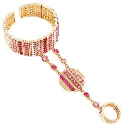 Rosemarie & Jubalee Womens Gold Tone and Pink Crystal Rhinestone Statement Hand Chain Cuff Bracelet and Ring