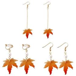 3 pairs Red Maple Leaf Earrings Sets,Christmas Earrings for Womens Girls,Thanksgiving Jewelry,Long Tassels Pearl Drop Dangle Earrings