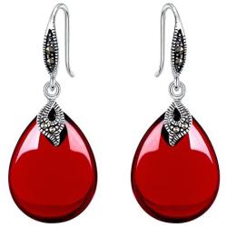 EVER FAITH 925 Sterling Silver Red Corundum Crystal Bridal Retro Leaf Teardrop Hook Dangle Earrings