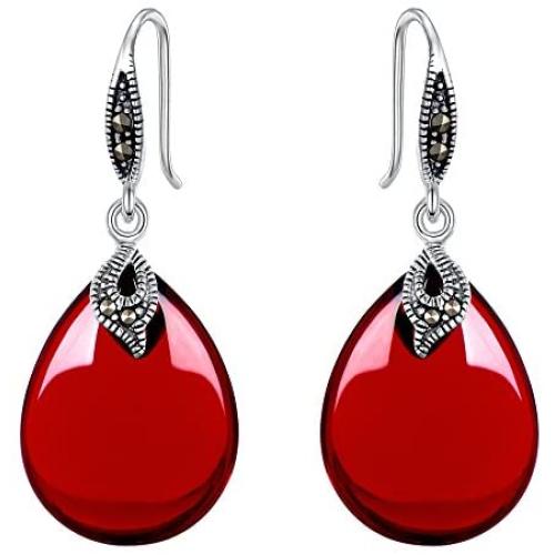 EVER FAITH 925 Sterling Silver Red Corundum Crystal Bridal Retro Leaf Teardrop Hook Dangle Earrings