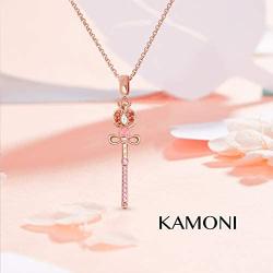 KAMONI Sailor Moon Wand Pendant Necklace Sterling Silver Beauty Soldiers 18K Rose Gold Plated with Cubic Zirconia CZ Necklace Adjustable Length Pearl Chain Jewelry Gifts for Women Girls