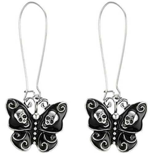Sterling Silver Plated Vintage Black Skull Heads Butterfly Charm Dangle Earrings