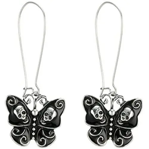 Sterling Silver Plated Vintage Black Skull Heads Butterfly Charm Dangle Earrings Sterling Silver Plated Vintage Black Skull Heads Butterfly Charm Dangle Earrings