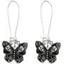 Sterling Silver Plated Vintage Black Skull Heads Butterfly Charm Dangle Earrings